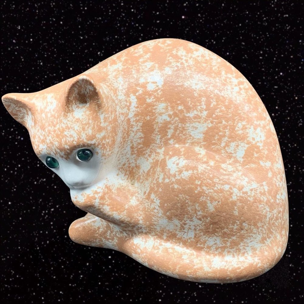 Vintage ELPA Alcobaca‎ Orange White Cat Handpainted Ceramic Green Eye 6”T 7”W